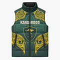 Custom Kangaroos Rugby Sleeveless Puffer Jacket Polynesian Tribal Pattern Green Gold National Team