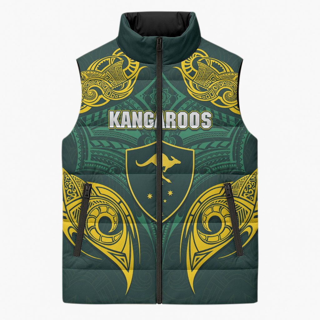 Custom Kangaroos Rugby Sleeveless Puffer Jacket Polynesian Tribal Pattern Green Gold National Team