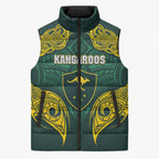 Custom Kangaroos Rugby Sleeveless Puffer Jacket Polynesian Tribal Pattern Green Gold National Team