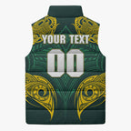 Custom Kangaroos Rugby Sleeveless Puffer Jacket Polynesian Tribal Pattern Green Gold National Team