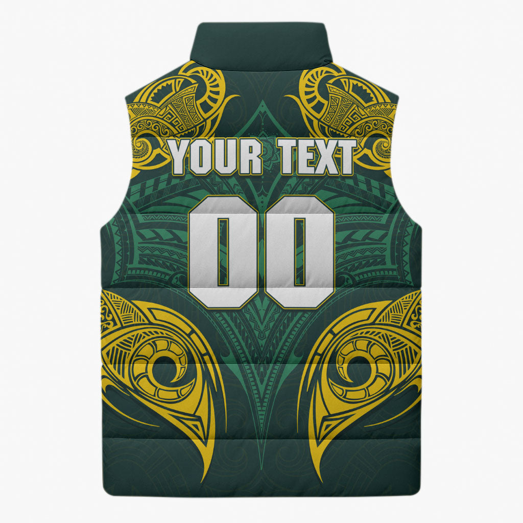 Custom Kangaroos Rugby Sleeveless Puffer Jacket Polynesian Tribal Pattern Green Gold National Team