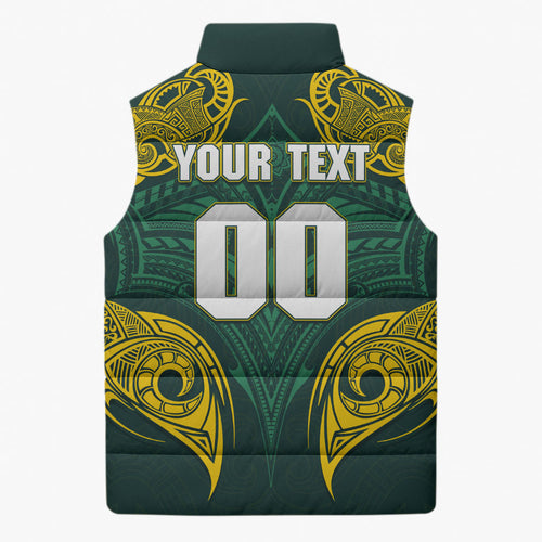 Custom Kangaroos Rugby Sleeveless Puffer Jacket Polynesian Tribal Pattern Green Gold National Team