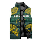 Custom Kangaroos Rugby Sleeveless Puffer Jacket Polynesian Tribal Pattern Green Gold National Team