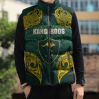 Custom Kangaroos Rugby Sleeveless Puffer Jacket Polynesian Tribal Pattern Green Gold National Team