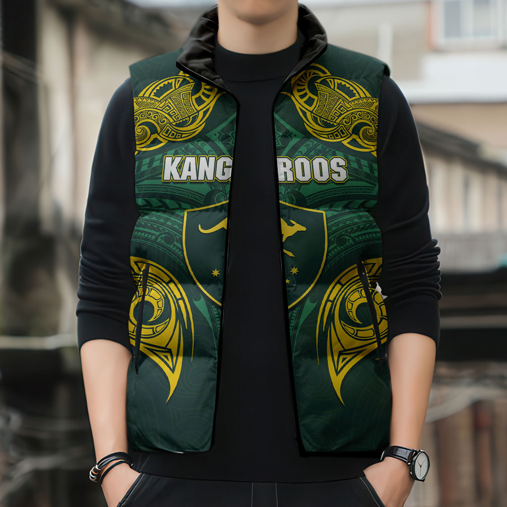 Custom Kangaroos Rugby Sleeveless Puffer Jacket Polynesian Tribal Pattern Green Gold National Team