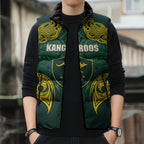 Custom Kangaroos Rugby Sleeveless Puffer Jacket Polynesian Tribal Pattern Green Gold National Team