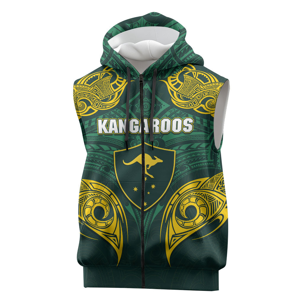 Custom Kangaroos Rugby Sleeveless Zip Hoodie Polynesian Tribal Pattern Green Gold National Team