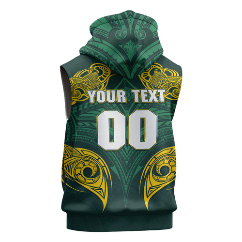 Custom Kangaroos Rugby Sleeveless Zip Hoodie Polynesian Tribal Pattern Green Gold National Team