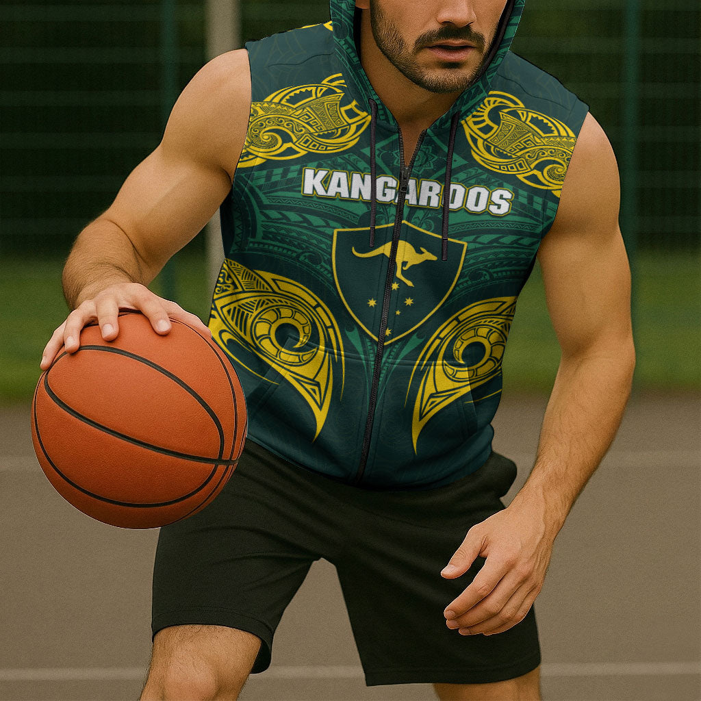 Custom Kangaroos Rugby Sleeveless Zip Hoodie Polynesian Tribal Pattern Green Gold National Team
