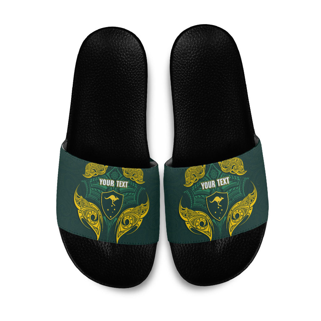 Custom Kangaroos Rugby Slide Sandals Polynesian Tribal Pattern Green Gold National Team