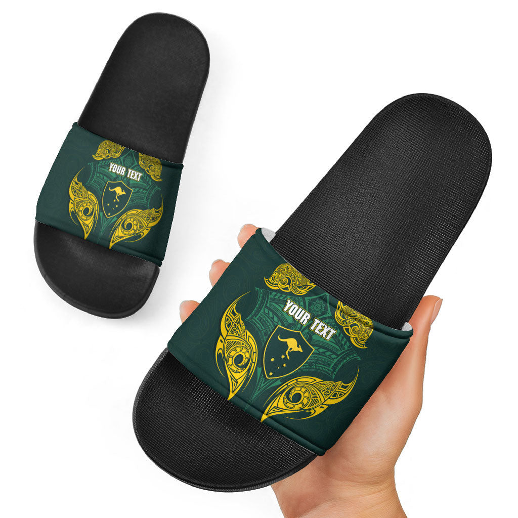 Custom Kangaroos Rugby Slide Sandals Polynesian Tribal Pattern Green Gold National Team