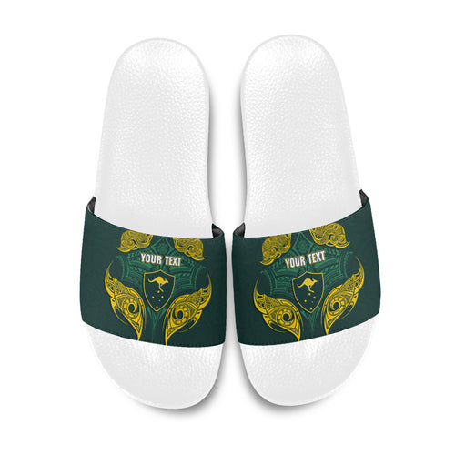 Custom Kangaroos Rugby Slide Sandals Polynesian Tribal Pattern Green Gold National Team