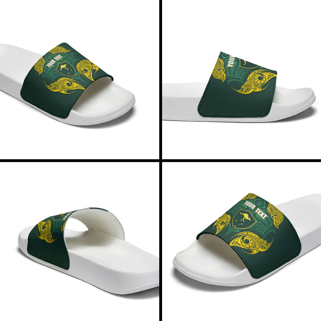 Custom Kangaroos Rugby Slide Sandals Polynesian Tribal Pattern Green Gold National Team