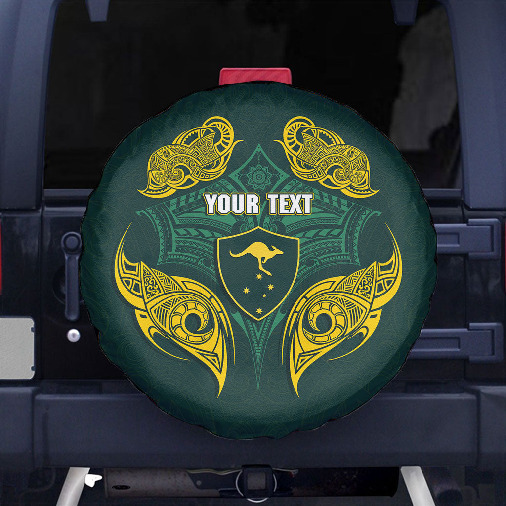 Custom Kangaroos Rugby Spare Tire Cover Polynesian Tribal Pattern Green Gold National Team