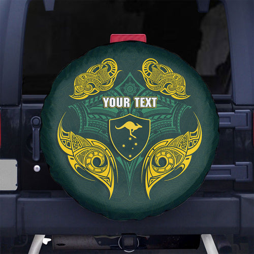 Custom Kangaroos Rugby Spare Tire Cover Polynesian Tribal Pattern Green Gold National Team