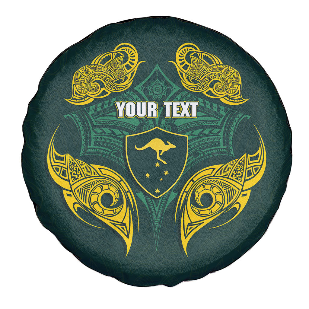 Custom Kangaroos Rugby Spare Tire Cover Polynesian Tribal Pattern Green Gold National Team