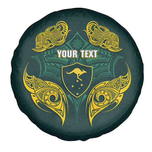 Custom Kangaroos Rugby Spare Tire Cover Polynesian Tribal Pattern Green Gold National Team