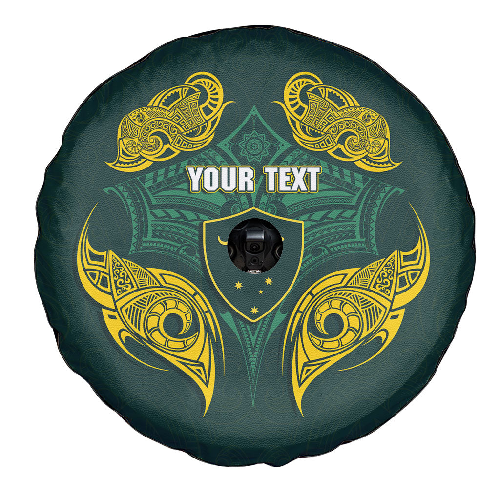 Custom Kangaroos Rugby Spare Tire Cover Polynesian Tribal Pattern Green Gold National Team
