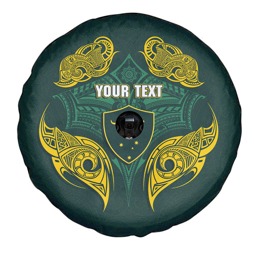 Custom Kangaroos Rugby Spare Tire Cover Polynesian Tribal Pattern Green Gold National Team