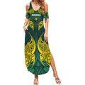 Custom Kangaroos Rugby Summer Maxi Dress Polynesian Tribal Pattern Green Gold National Team