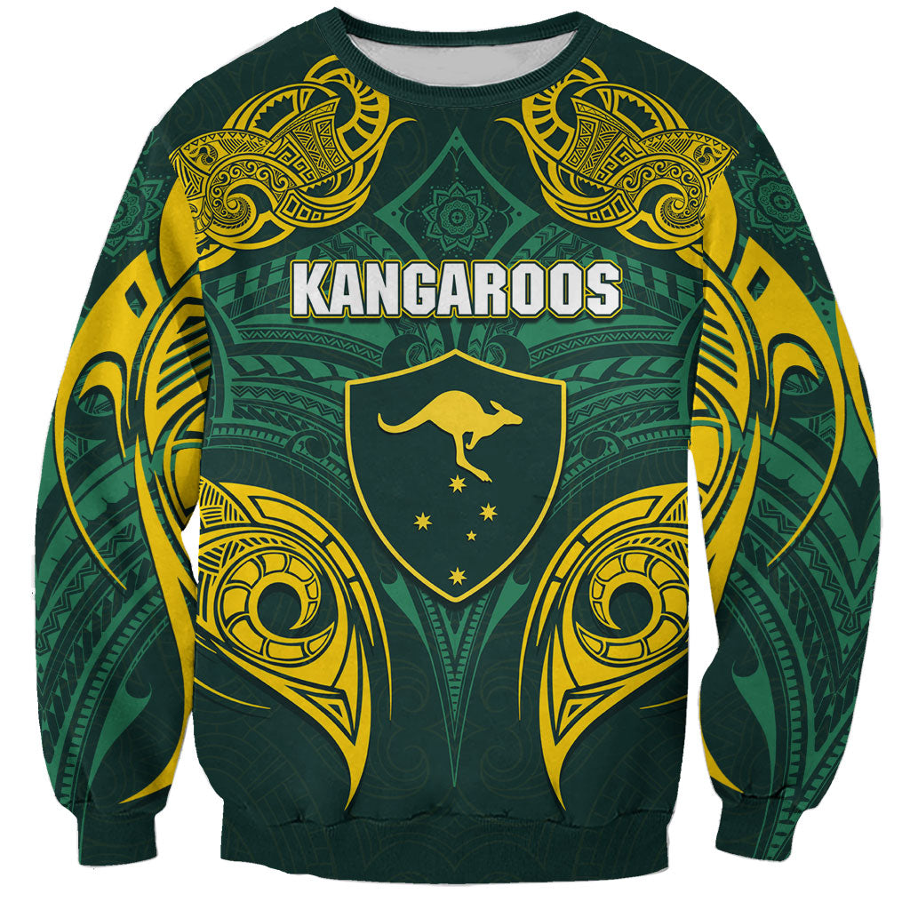 Custom Kangaroos Rugby Sweatshirt Polynesian Tribal Pattern Green Gold National Team