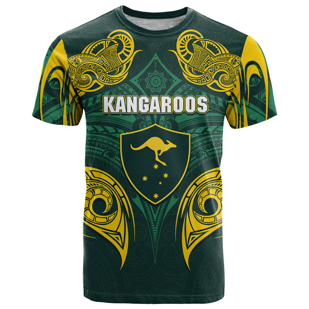Custom Kangaroos Rugby T Shirt Polynesian Tribal Pattern Green Gold National Team