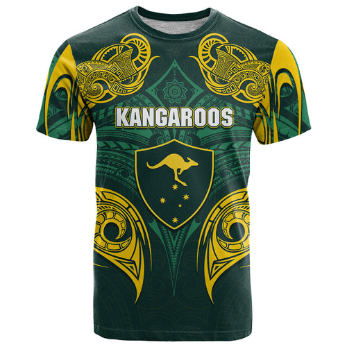Custom Kangaroos Rugby T Shirt Polynesian Tribal Pattern Green Gold National Team