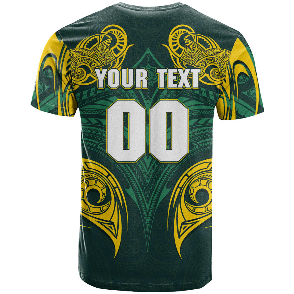 Custom Kangaroos Rugby T Shirt Polynesian Tribal Pattern Green Gold National Team