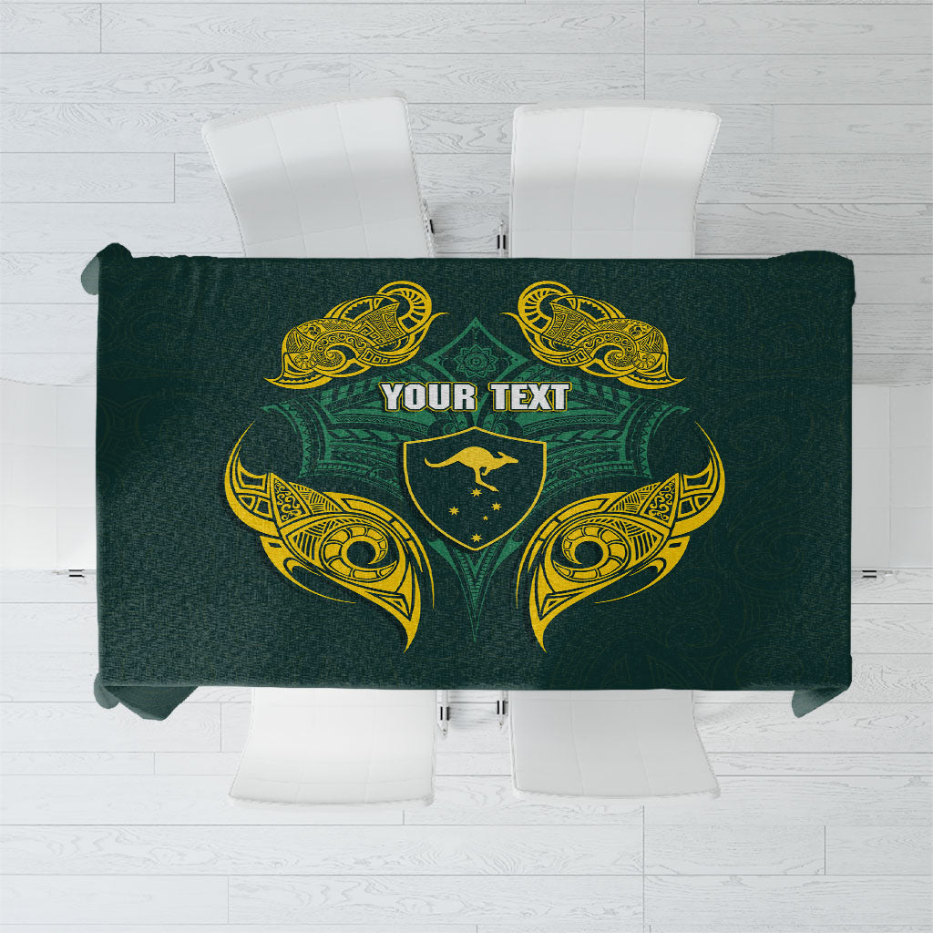 Custom Kangaroos Rugby Tablecloth Polynesian Tribal Pattern Green Gold National Team