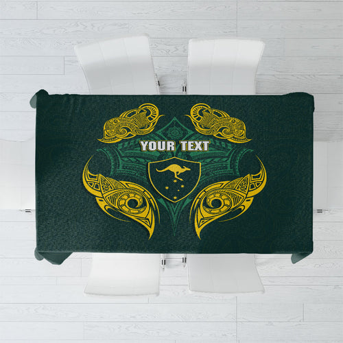 Custom Kangaroos Rugby Tablecloth Polynesian Tribal Pattern Green Gold National Team