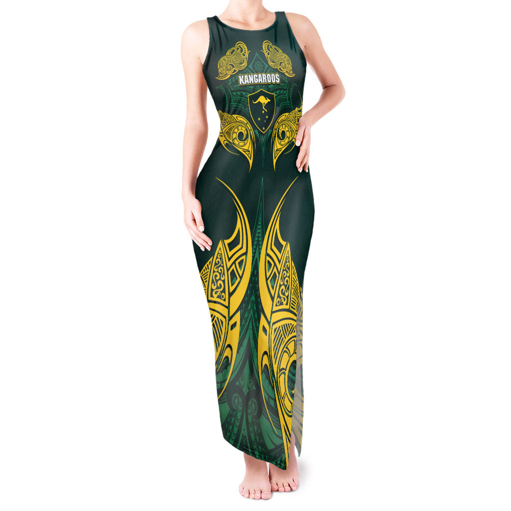 Custom Kangaroos Rugby Tank Maxi Dress Polynesian Tribal Pattern Green Gold National Team