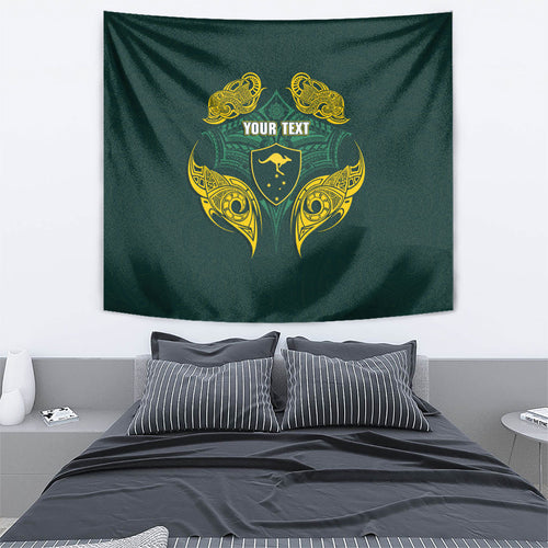 Custom Kangaroos Rugby Tapestry Polynesian Tribal Pattern Green Gold National Team
