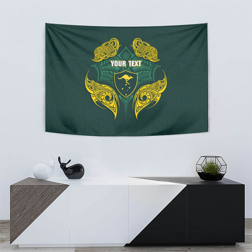 Custom Kangaroos Rugby Tapestry Polynesian Tribal Pattern Green Gold National Team
