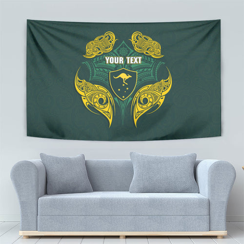 Custom Kangaroos Rugby Tapestry Polynesian Tribal Pattern Green Gold National Team