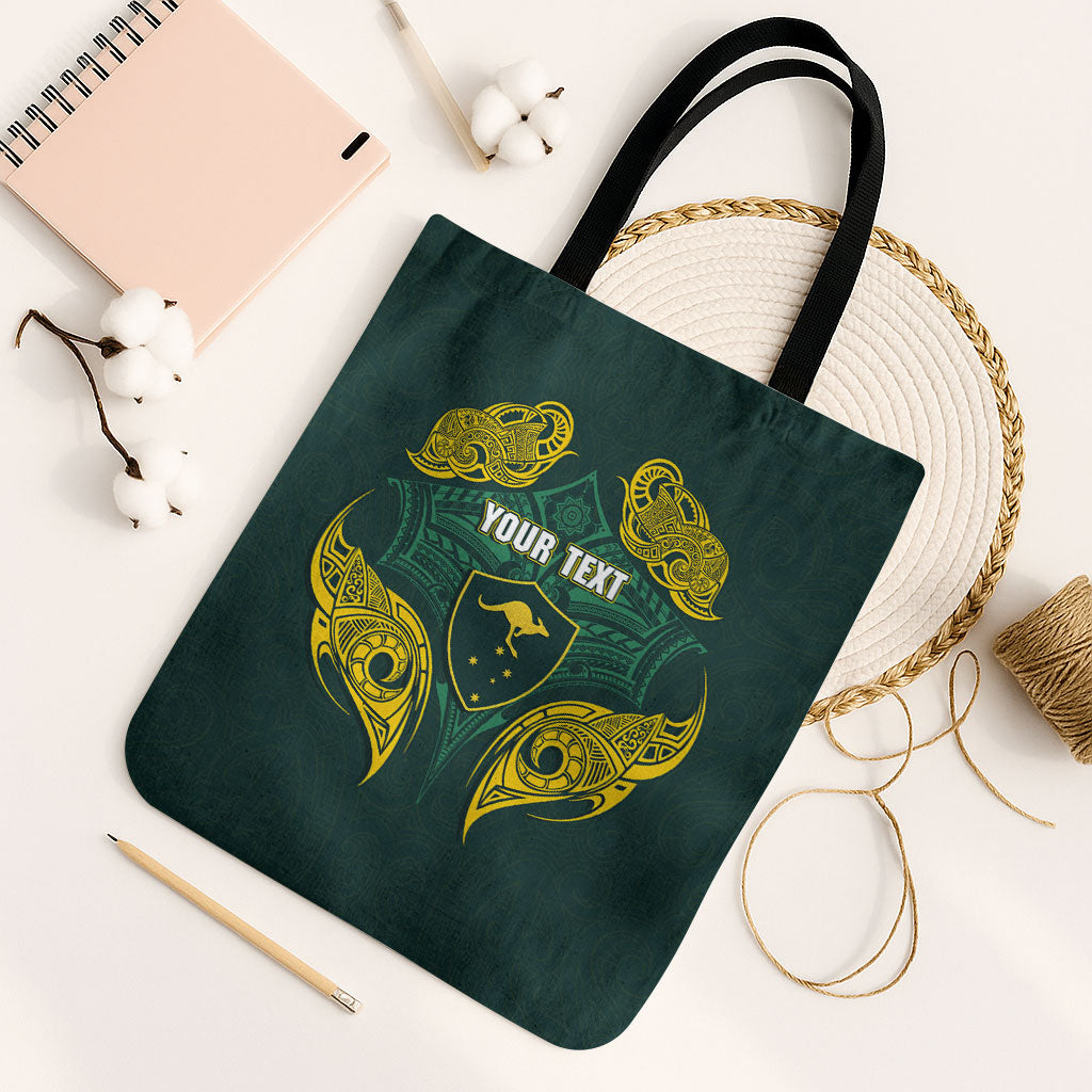 Custom Kangaroos Rugby Tote Bag Polynesian Tribal Pattern Green Gold National Team