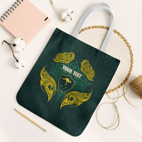 Custom Kangaroos Rugby Tote Bag Polynesian Tribal Pattern Green Gold National Team