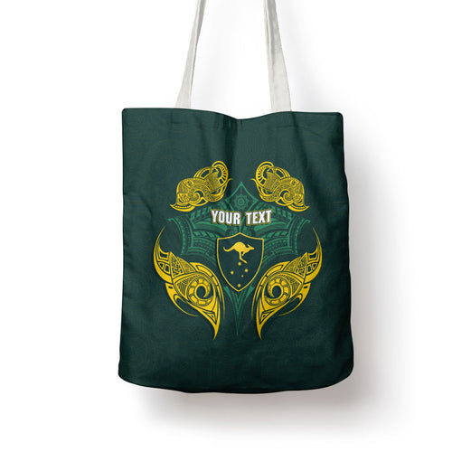Custom Kangaroos Rugby Tote Bag Polynesian Tribal Pattern Green Gold National Team