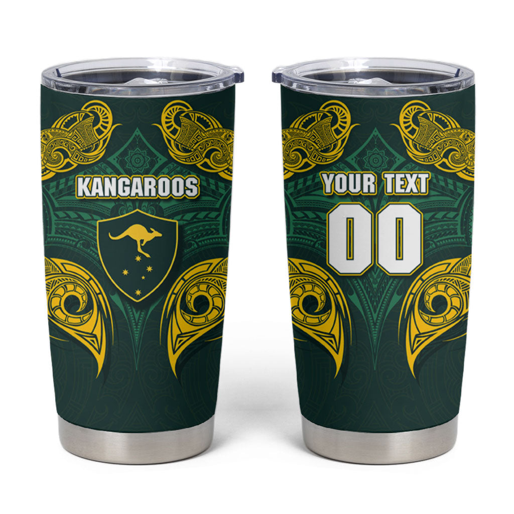 Custom Kangaroos Rugby Tumbler Cup Polynesian Tribal Pattern Green Gold National Team