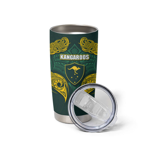 Custom Kangaroos Rugby Tumbler Cup Polynesian Tribal Pattern Green Gold National Team