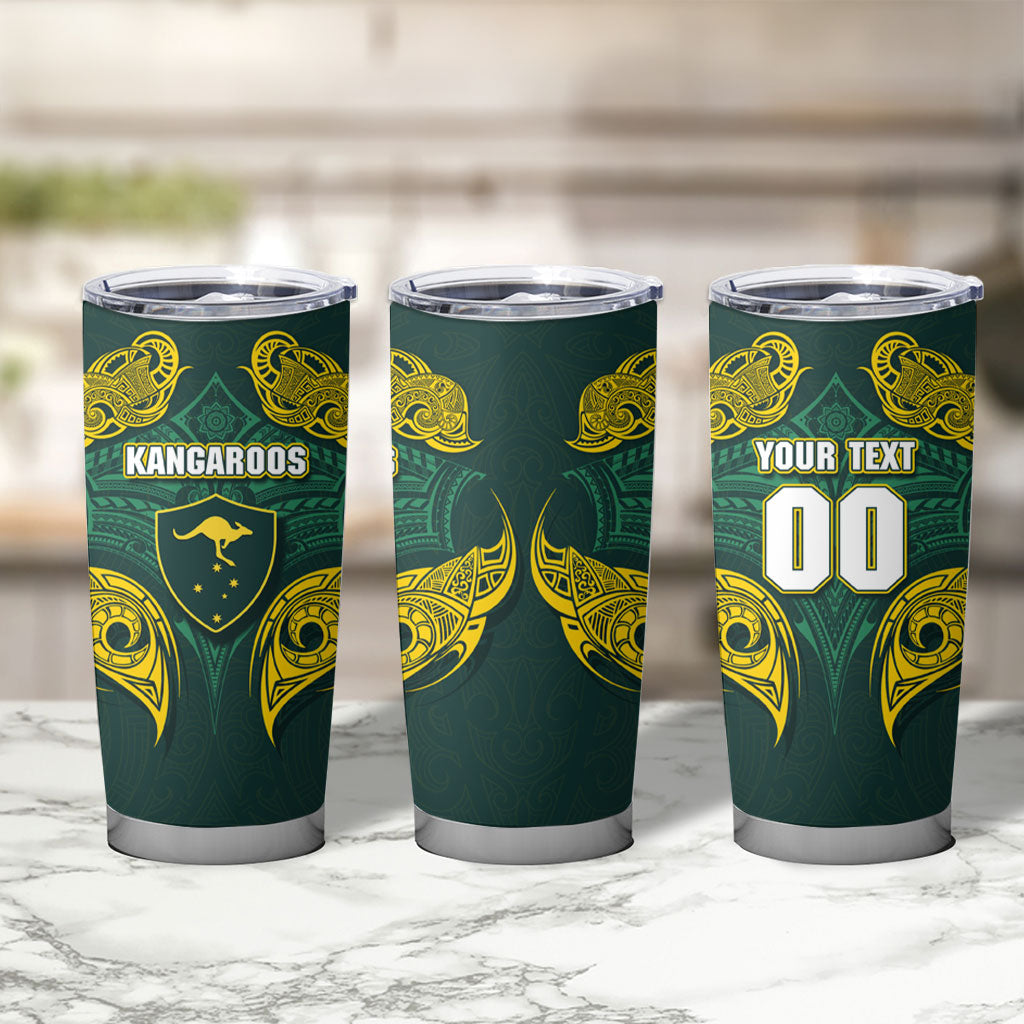 Custom Kangaroos Rugby Tumbler Cup Polynesian Tribal Pattern Green Gold National Team