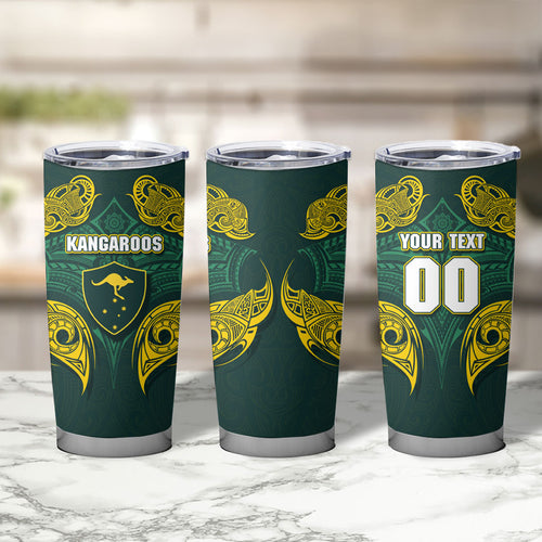 Custom Kangaroos Rugby Tumbler Cup Polynesian Tribal Pattern Green Gold National Team