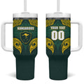 Custom Kangaroos Rugby Tumbler With Handle Polynesian Tribal Pattern Green Gold National Team