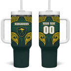 Custom Kangaroos Rugby Tumbler With Handle Polynesian Tribal Pattern Green Gold National Team