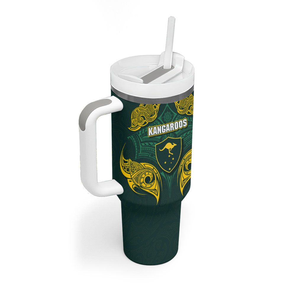 Custom Kangaroos Rugby Tumbler With Handle Polynesian Tribal Pattern Green Gold National Team