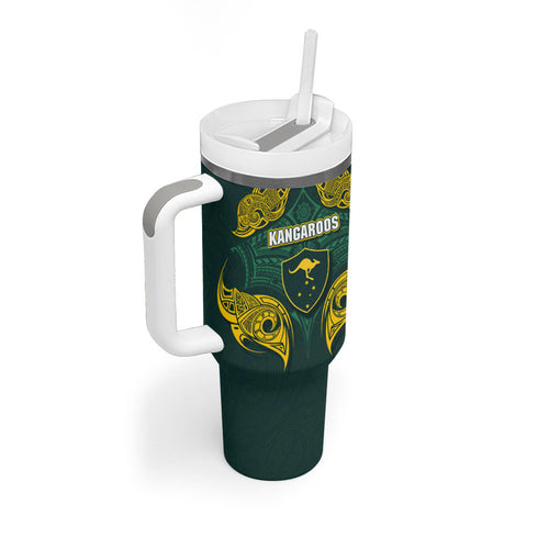 Custom Kangaroos Rugby Tumbler With Handle Polynesian Tribal Pattern Green Gold National Team