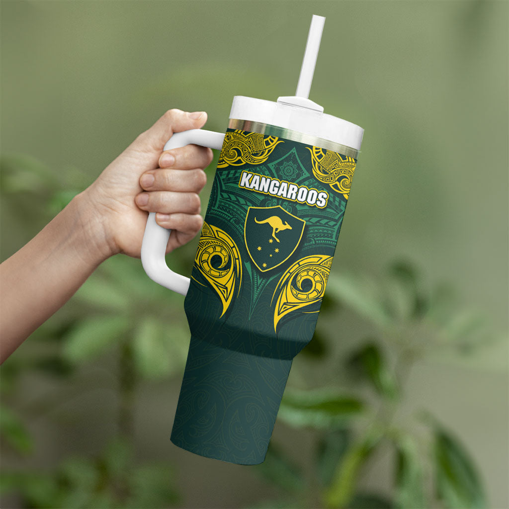 Custom Kangaroos Rugby Tumbler With Handle Polynesian Tribal Pattern Green Gold National Team