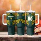 Custom Kangaroos Rugby Tumbler With Handle Polynesian Tribal Pattern Green Gold National Team