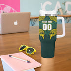 Custom Kangaroos Rugby Tumbler With Handle Polynesian Tribal Pattern Green Gold National Team
