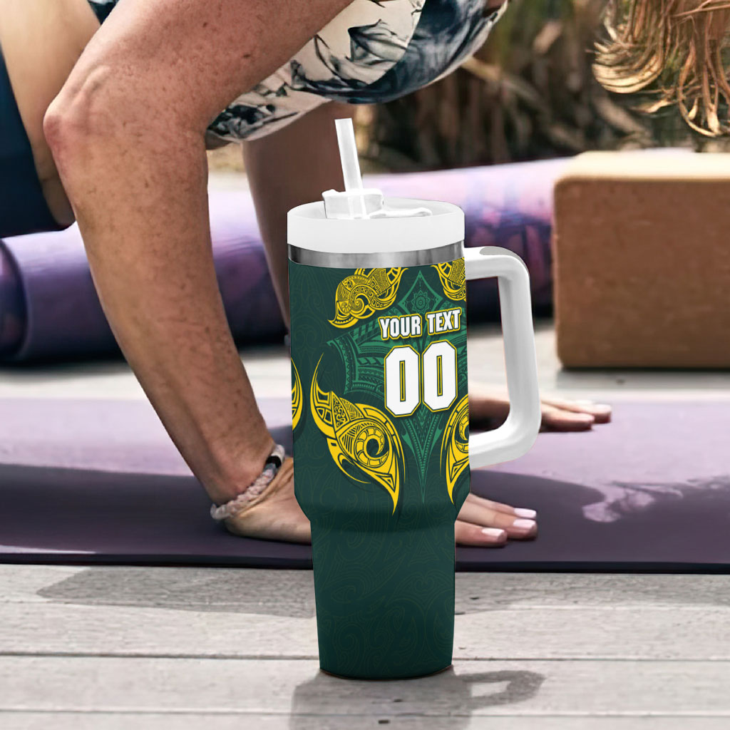 Custom Kangaroos Rugby Tumbler With Handle Polynesian Tribal Pattern Green Gold National Team