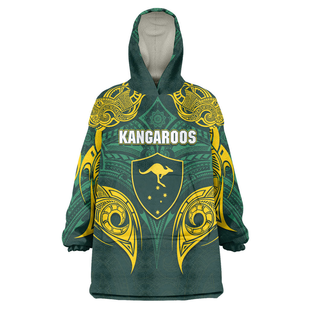 Custom Kangaroos Rugby Wearable Blanket Hoodie Polynesian Tribal Pattern Green Gold National Team